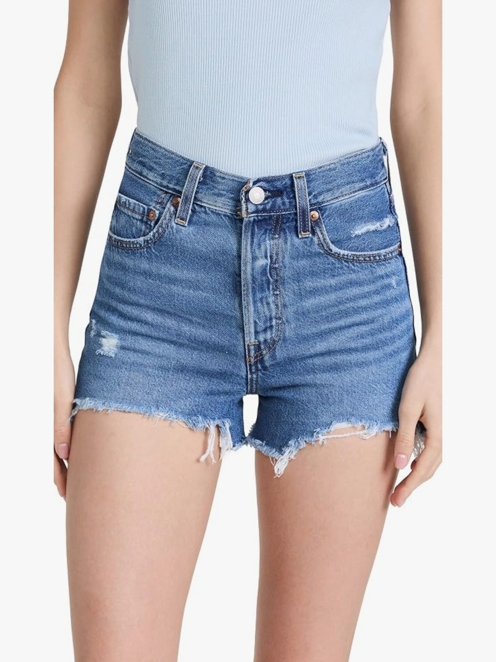 Levi's Ribcage Medium Blue Wash Denim Women Distressed High-Rise Jeans Shorts 28